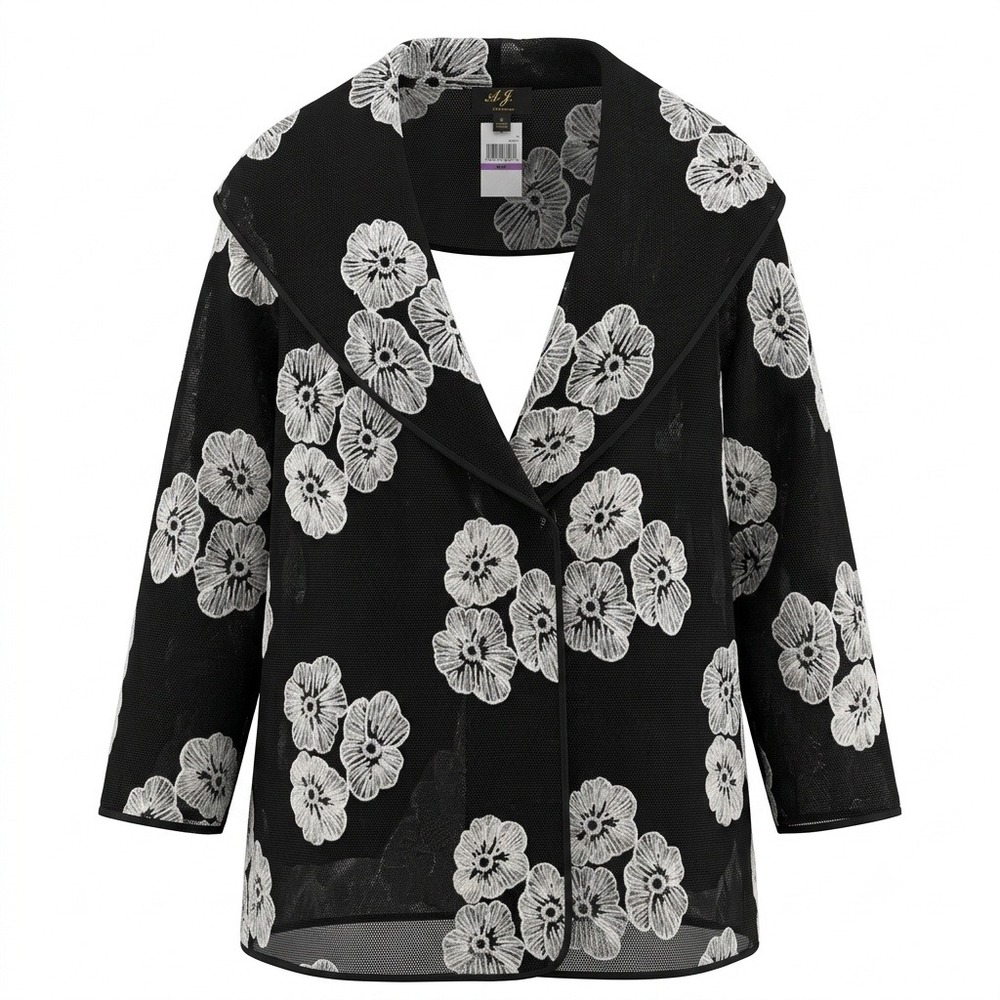 Jerry T Floral Mesh Duster Jacket Lightweight Outercoat Outerwear Black White 1X